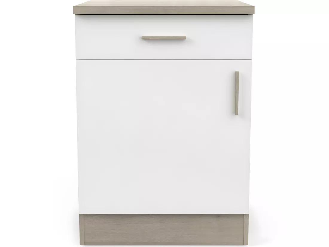 Meuble bas de cuisine 1 porte + 1 tiroir coloris chêne kronberg, blanc - Longueur 60 x Hauteur 85 x Profondeur 60 cm