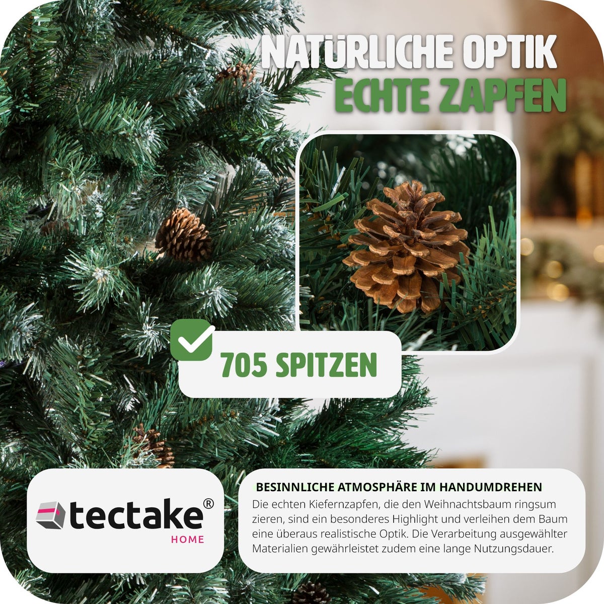 tectake 180 cm kunstkerstboom met kegels, inclusief metalen standaard met kunststof doppen