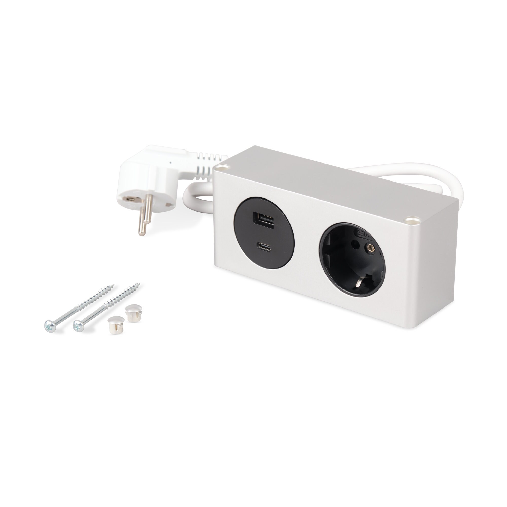 kalb | 2-fach Steckdosenleiste zur Montage, 1x 230V und 2x USB Steckdosen, 140x46x62.5 mm, Anschlusskabel mit Stecker, silber