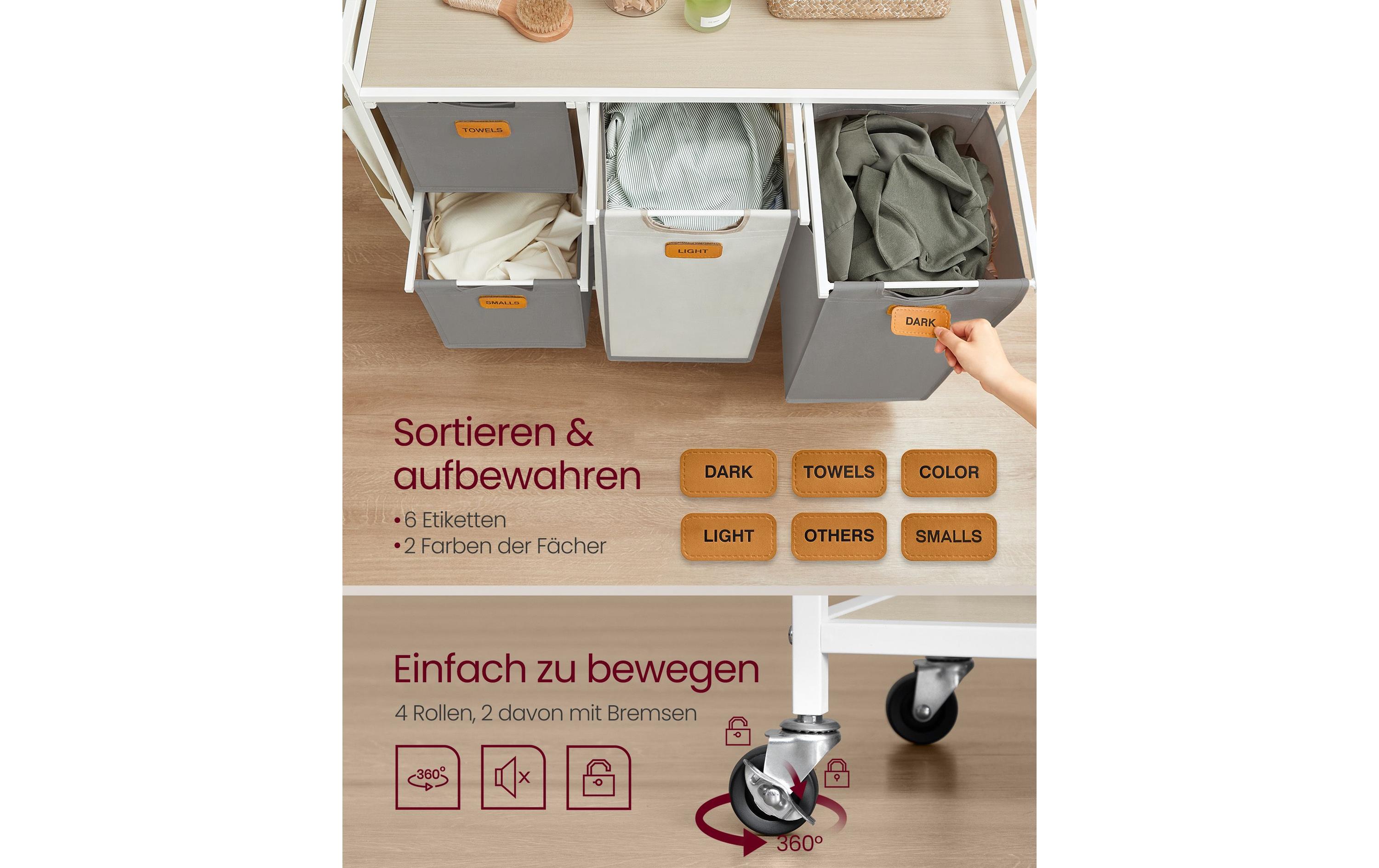 Wäschekorb mit 4 Körben 150 l, Beige/Taubengrau/WeissWäschesammler