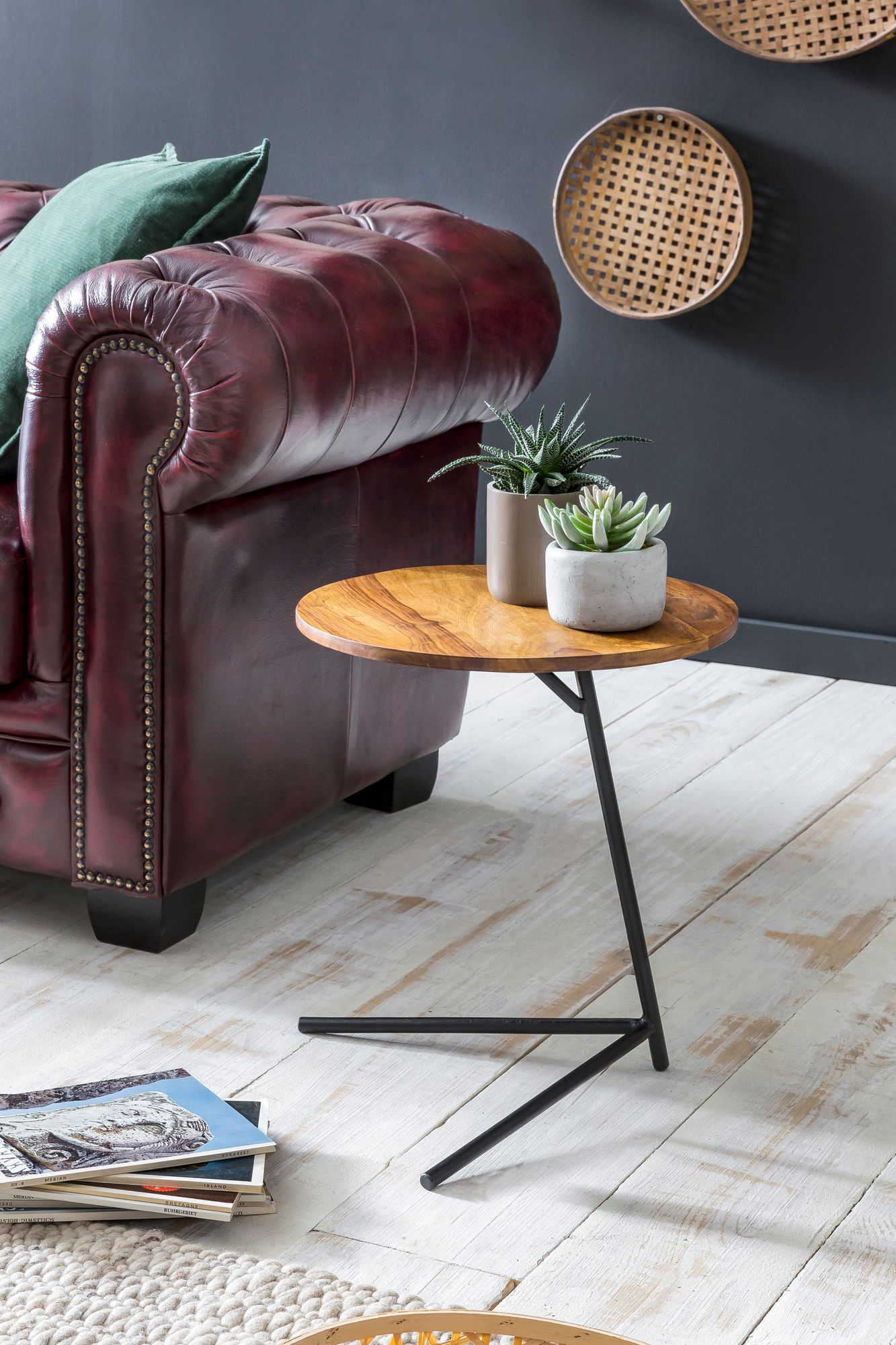 FineBuy Design Beistelltisch Ø 40 cm Couchtisch Sheesham Massivholz Metall