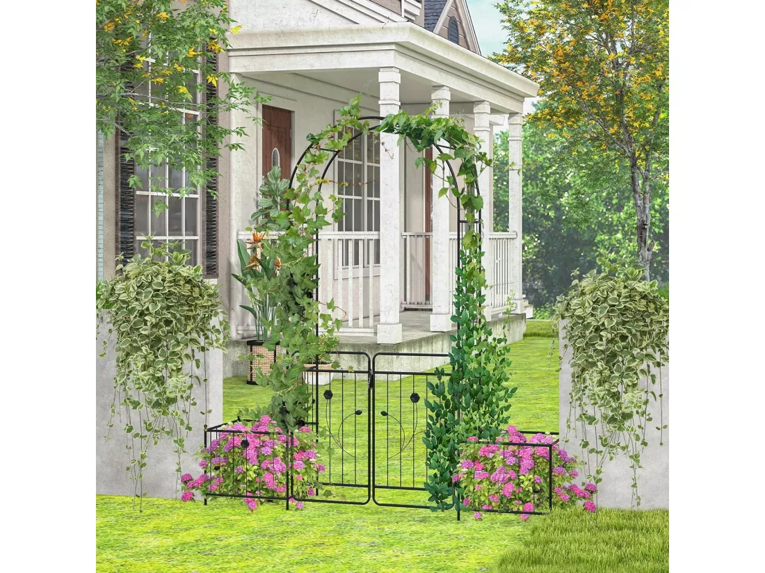 Arche de Jardin de 220 cm avec 2 Bacs Jardinière et Treillis, Pergola avec Tubes Métalliques Portail Verrouillable, Décoration pour Mariage Fête