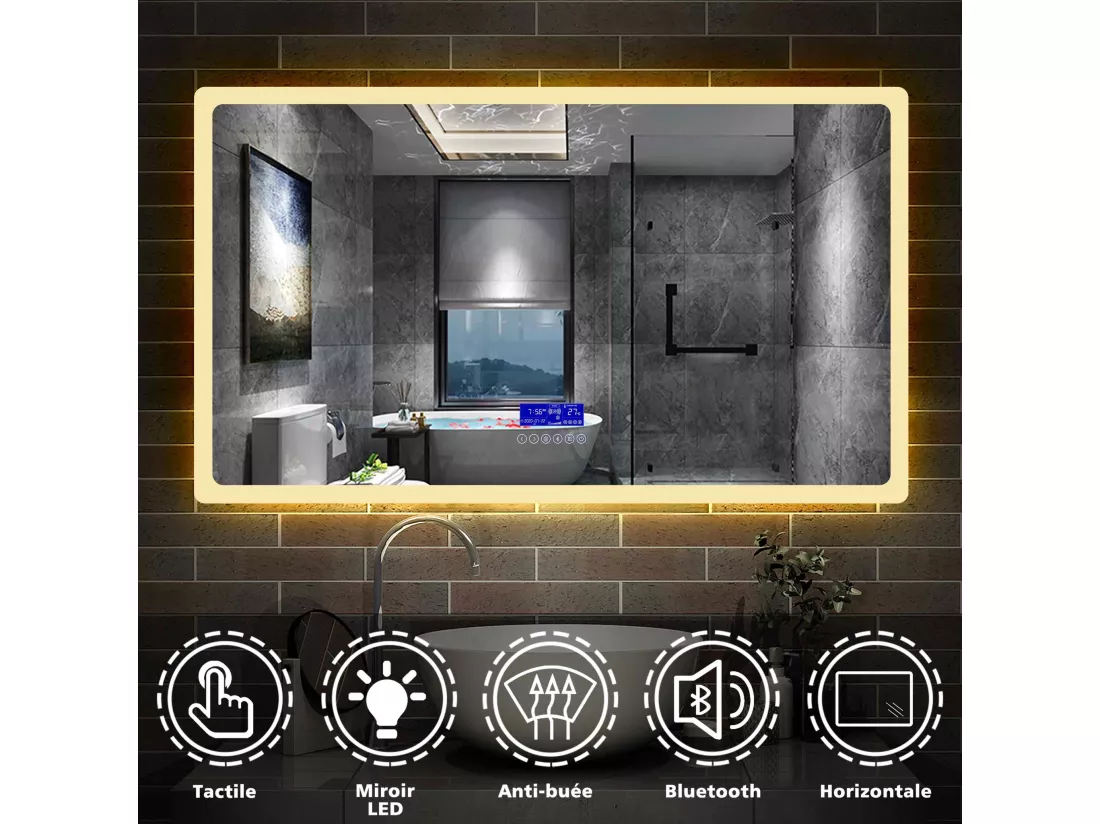 Miroir Salle de Bain Anti-buée LED 100 x 60 cm de 3 Couleurs avec Bluetooth, Horloge Aica