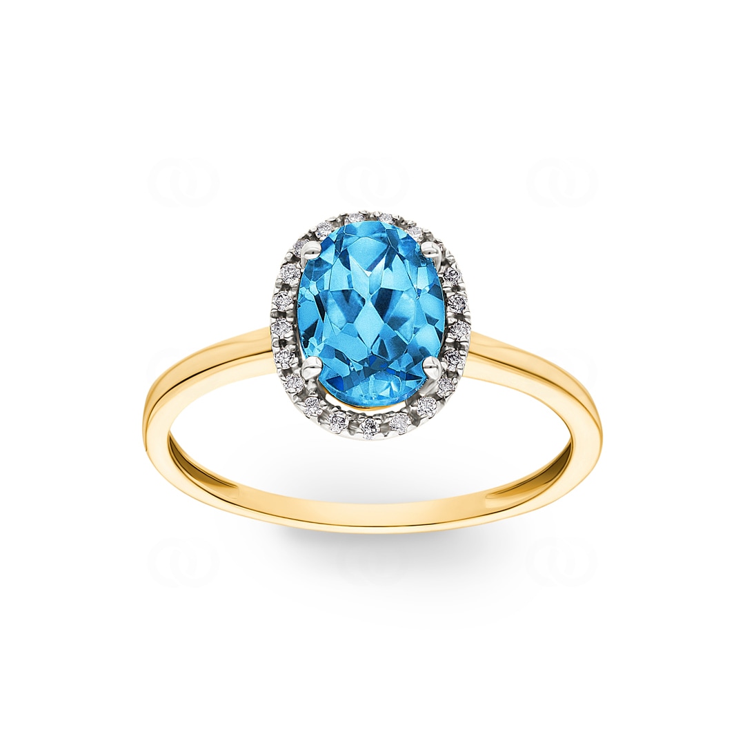 Damenring 750/18 K Gelbgold mit Blautopas oval und Diamanten 0.06 ct H/si