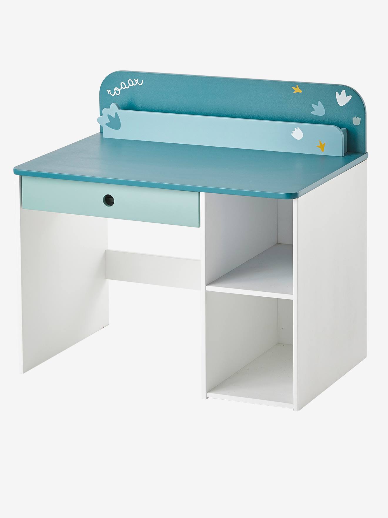 Escrivaninha infantil ROAAR, branca média, lisa com detalhes decorativos.