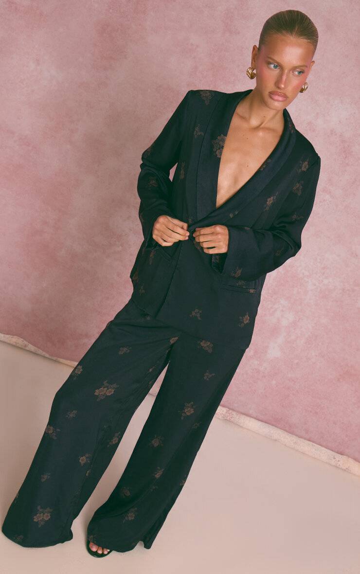 Bleu Marine Veste De Tailleur Coordonnée En Satin À Imprimé Fleuri Ditsy