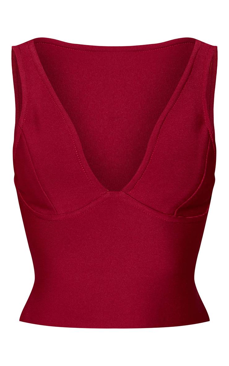 Rouge Foncé Top Ajusté Sans Manches Col V Bandage Petite