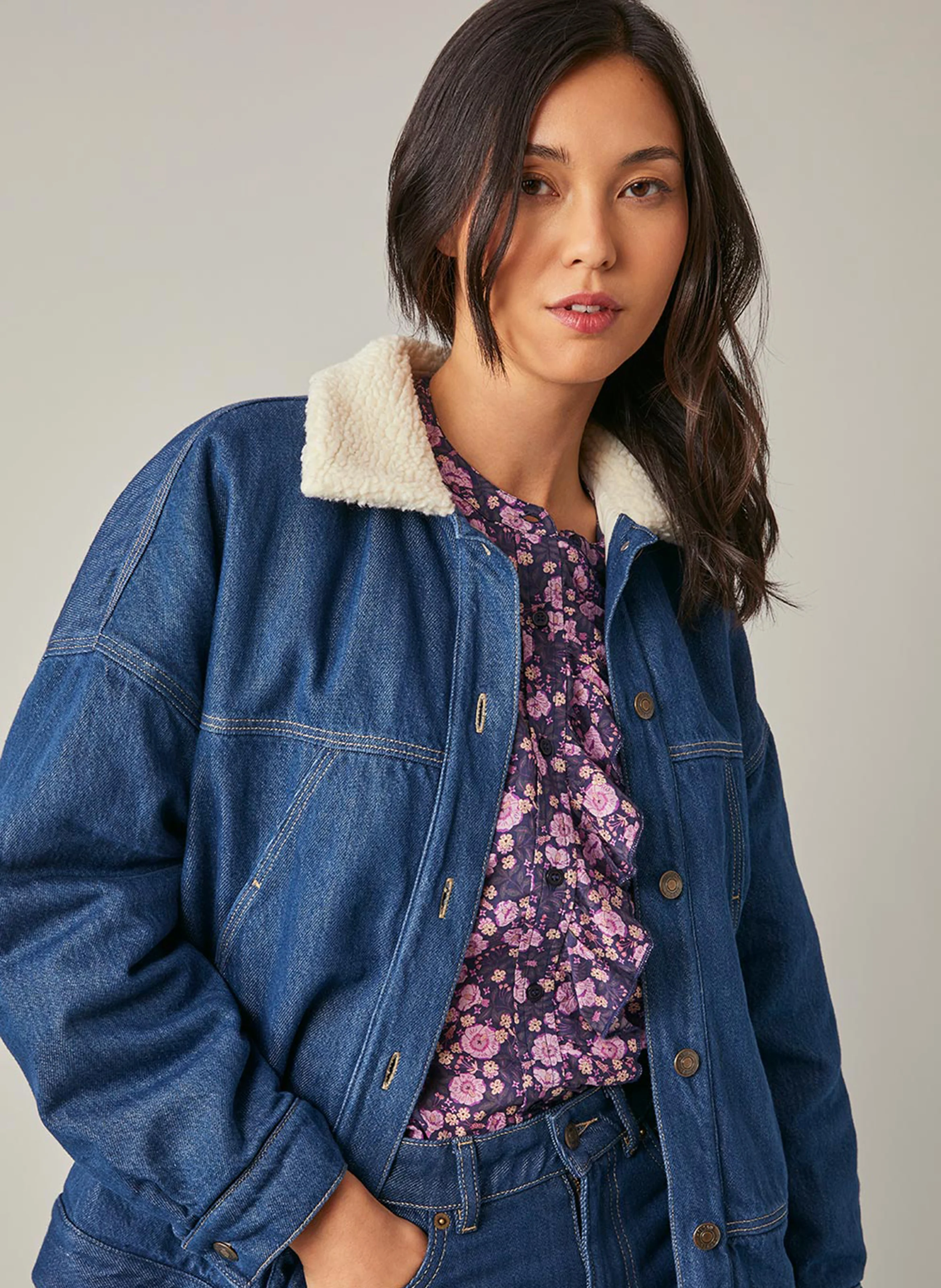 FELICITY - Veste en jean ample col classique en coton mélangé | Bleu