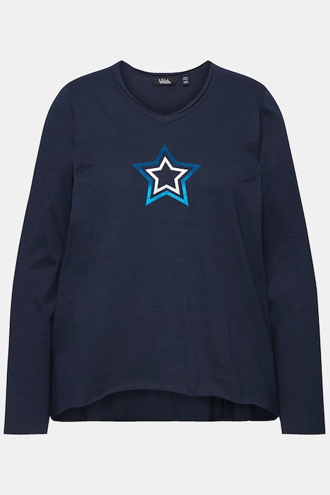 Shirt, Stern, Rollkanten, A-Linie, V-Ausschnitt, Langarm