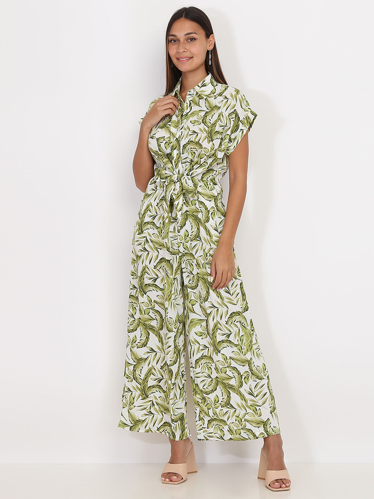 Combinaison fluide à imprimé feuilles- Beige / Vert