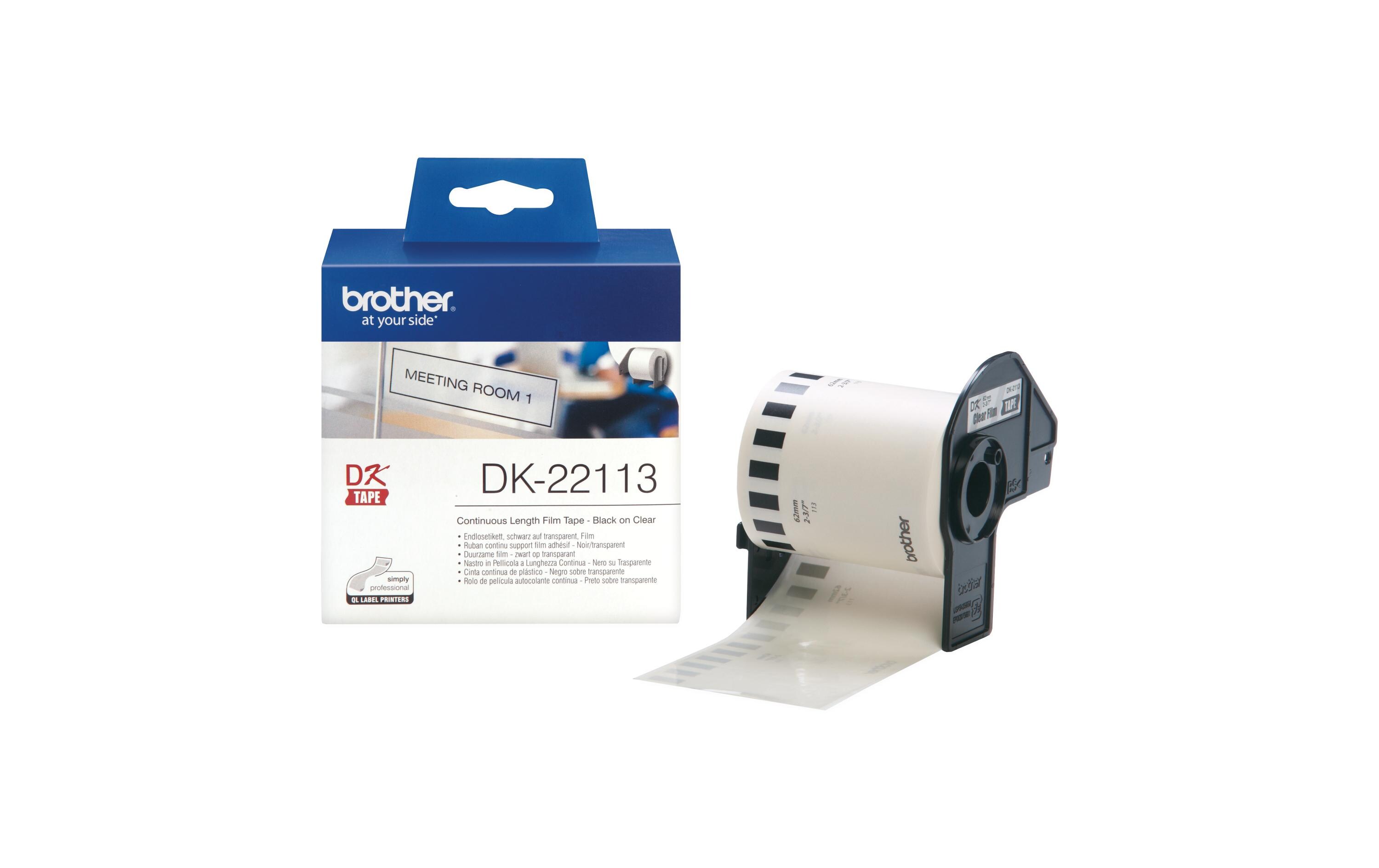 Etikettenrolle DK-22113 Thermo Transfer 62 mm x 15.24 mEndlosetikettenrolle mit schwarzer Schrift auf transparentem Hintergrund