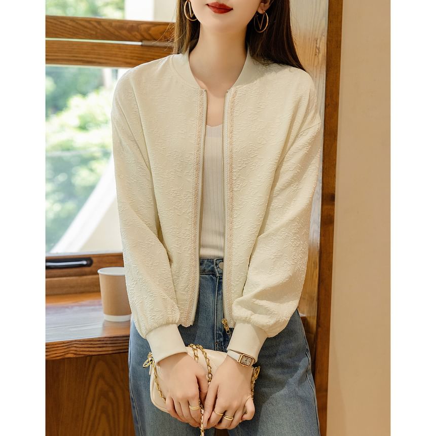 Jeonseon - Effen Jacquard Baseballjack met Bloemenmotief en Ritssluiting