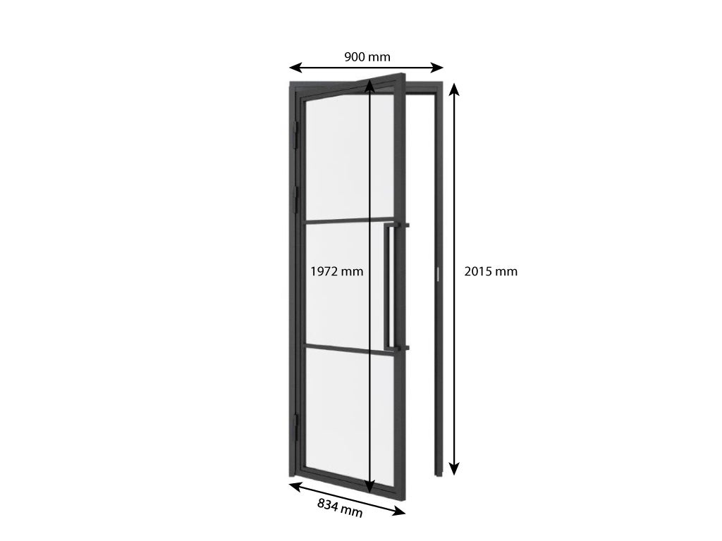 Complete glazen deurset met beslag, loft-stijl, 834x1972mm, DIN links - greeplijst, draaideur