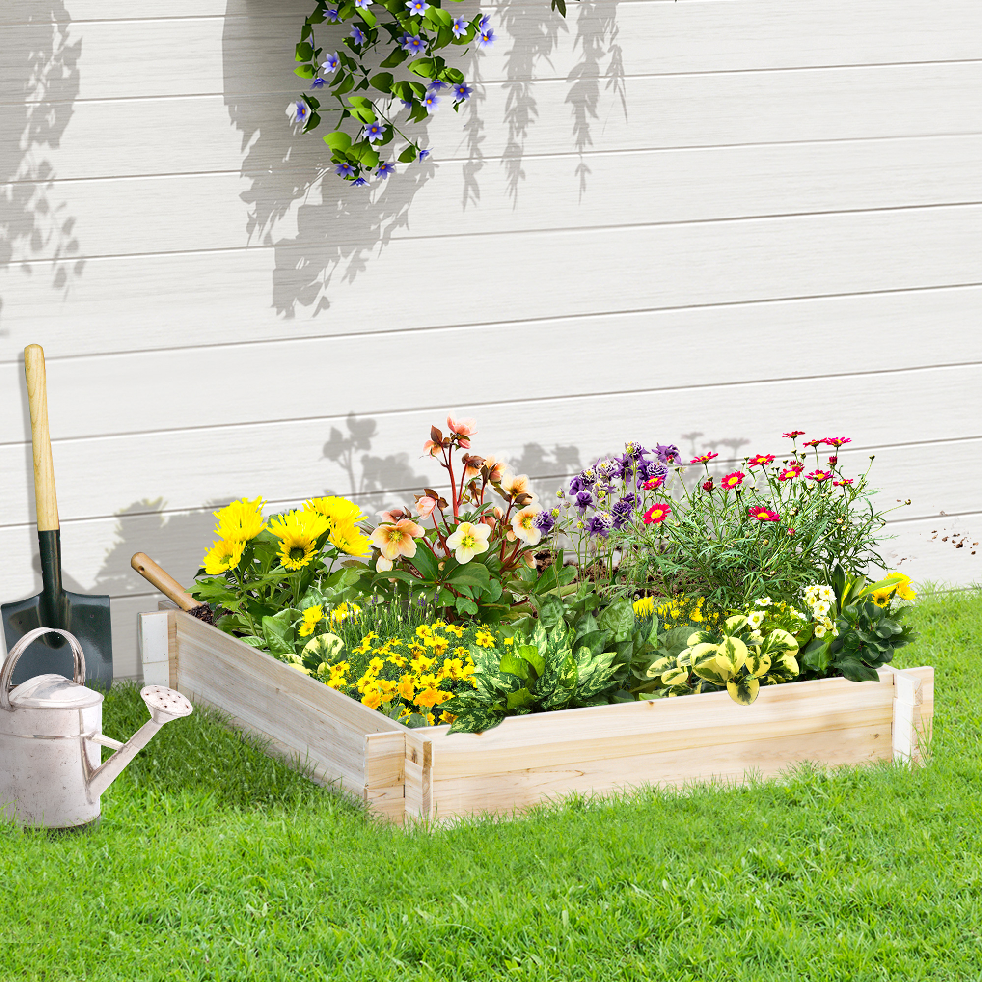Vaso de madeira quadrado Outsunny Urban Garden para cultivo de plantas, flores e ervas em terraços, 100x100x16 cm, cor natural.