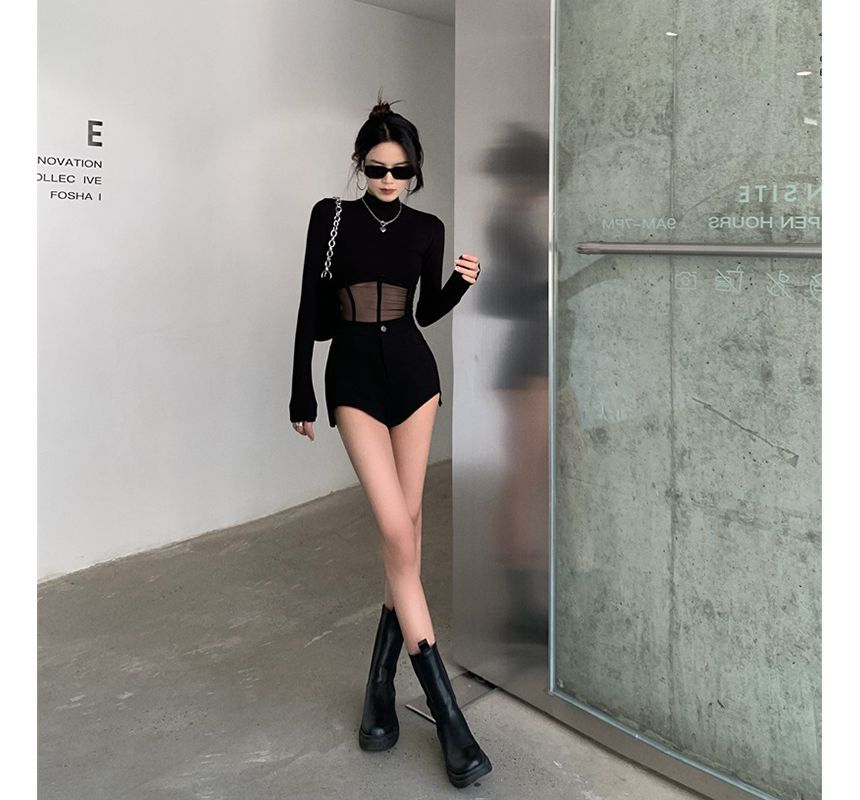Eiffekee - T-shirt met lange mouwen en een mesh-paneel en hoge taille