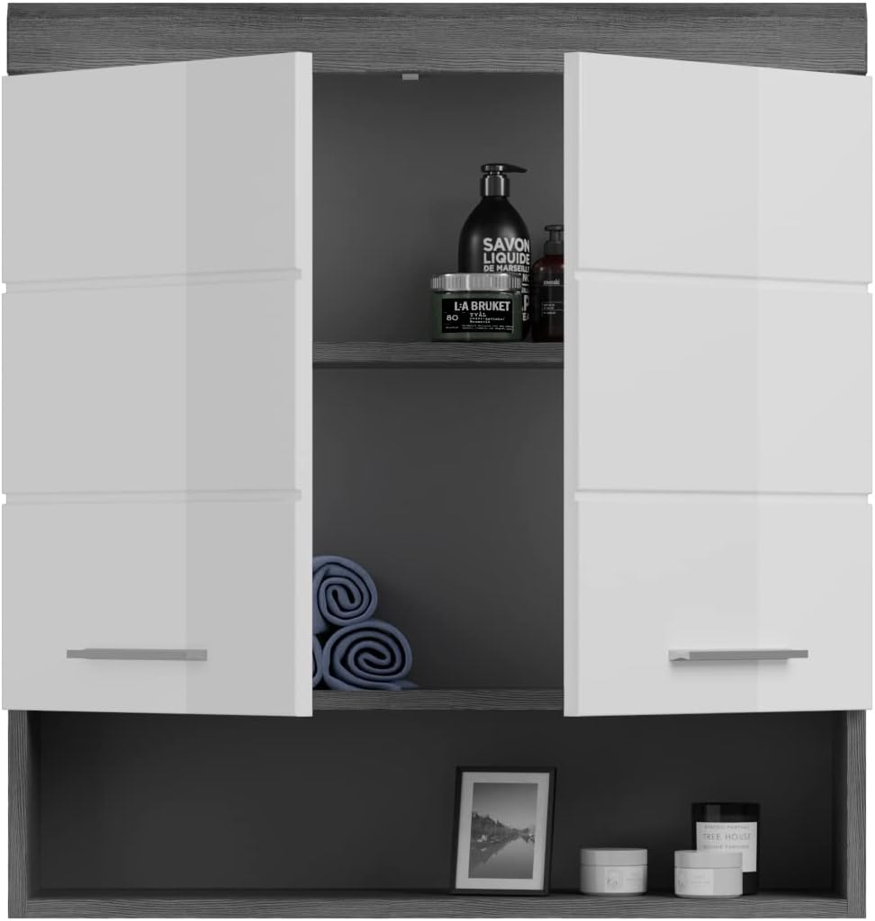 xonox.home Badezimmer Scout X06B2723 Hängeschrank breit Schrank in Front weiß Hochglanz Korpus rauchsilber Nb.ca.74x79x24 cm