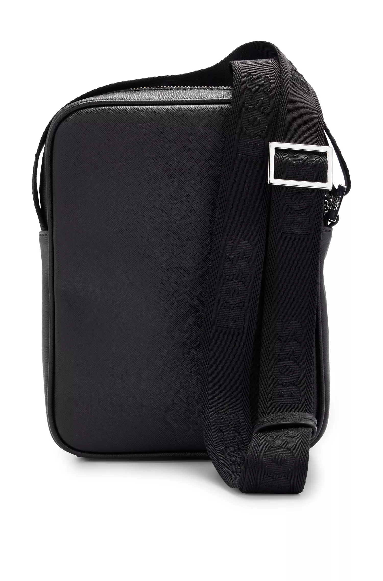 Bolsa BOSS Black-Reporter com listra característica e detalhe do logotipo.