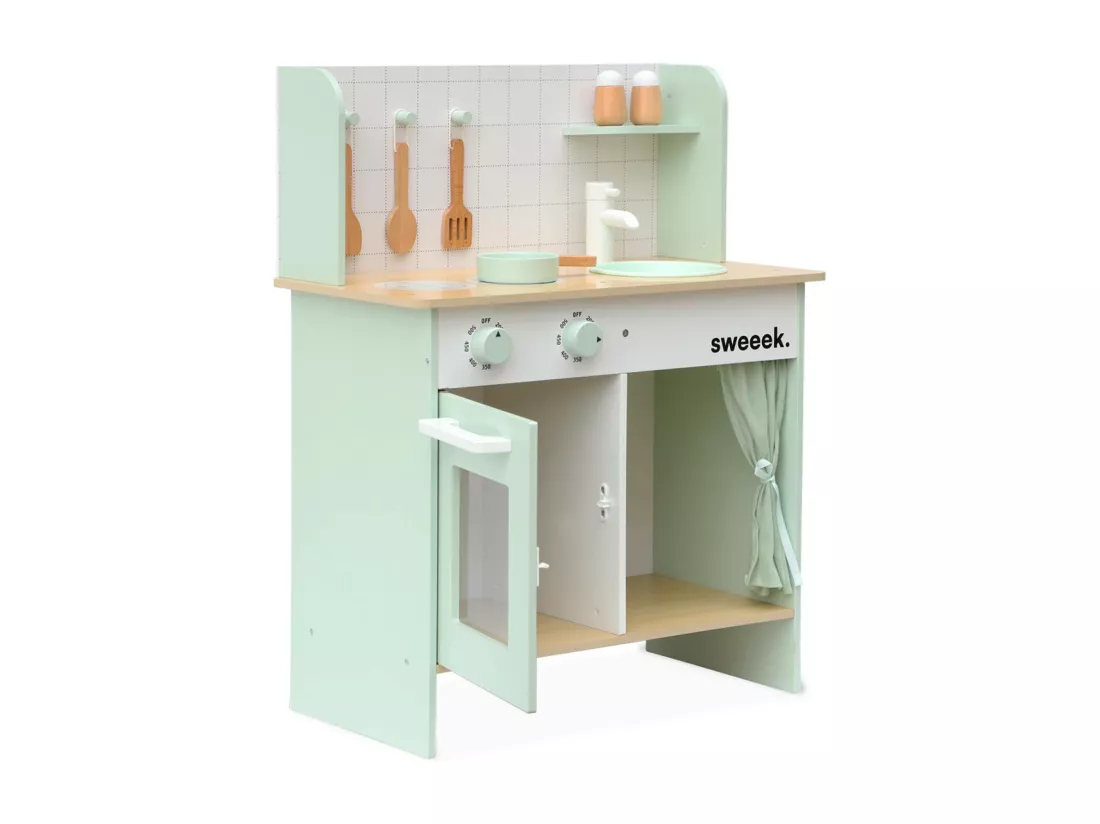 Cuisine en bois vert céladon cocotte pour enfant avec accessoires