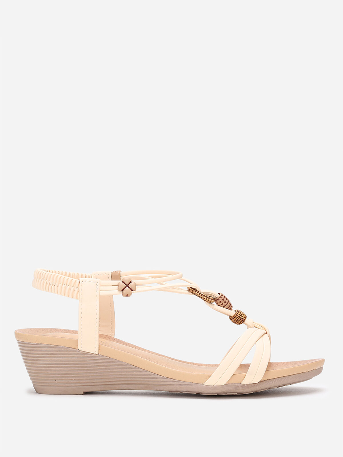 Sandales compensées à perles ethniques- Beige