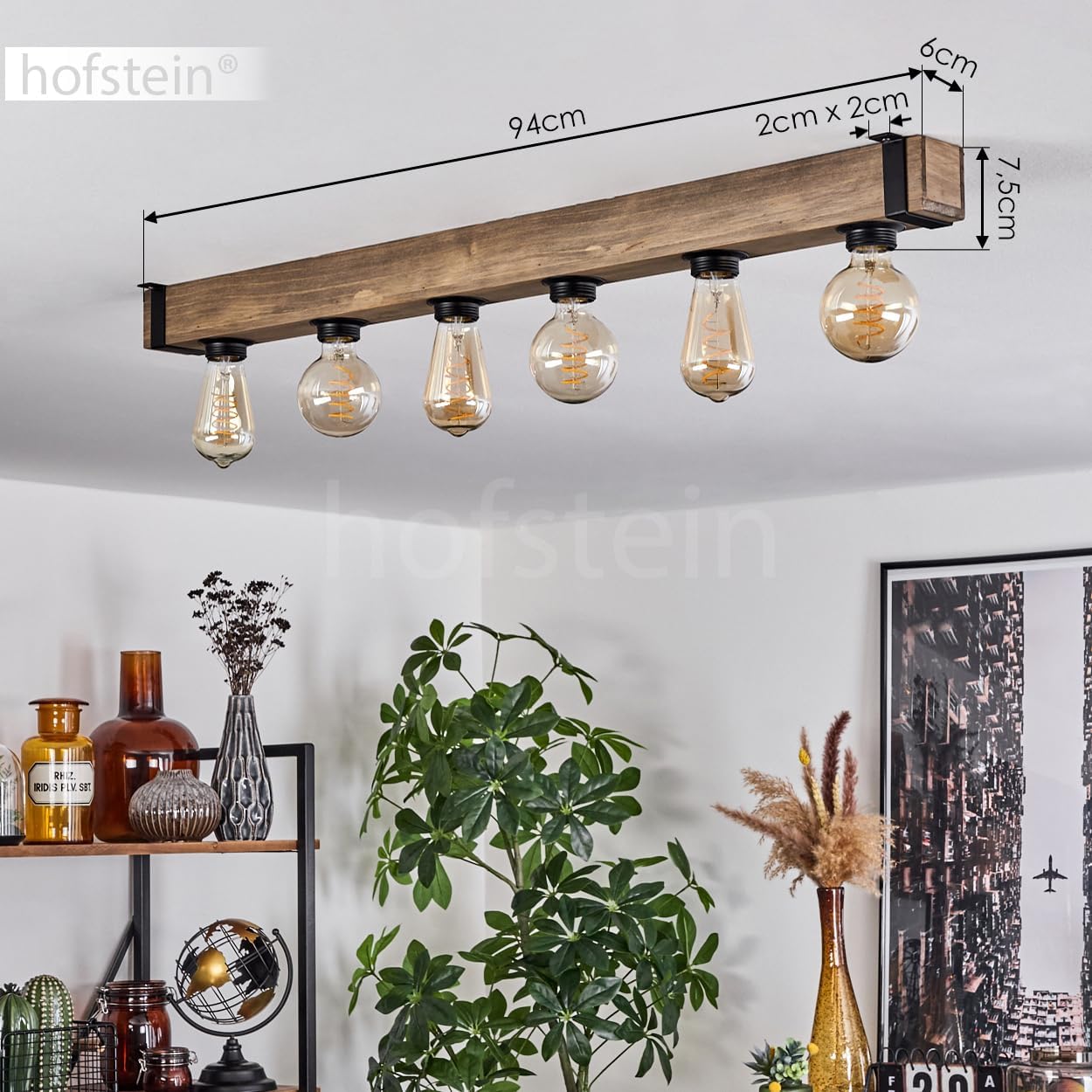 HOFSTEIN Deckenleuchte Montgomery - Moderne Deckenlampe aus Metall und Holz, Schwarz/Natur - 6 x E27-Fassung - Industrial-Style, Retro Vintage - Holzlampe, Flurlampe für Küche und Wohnzimmer