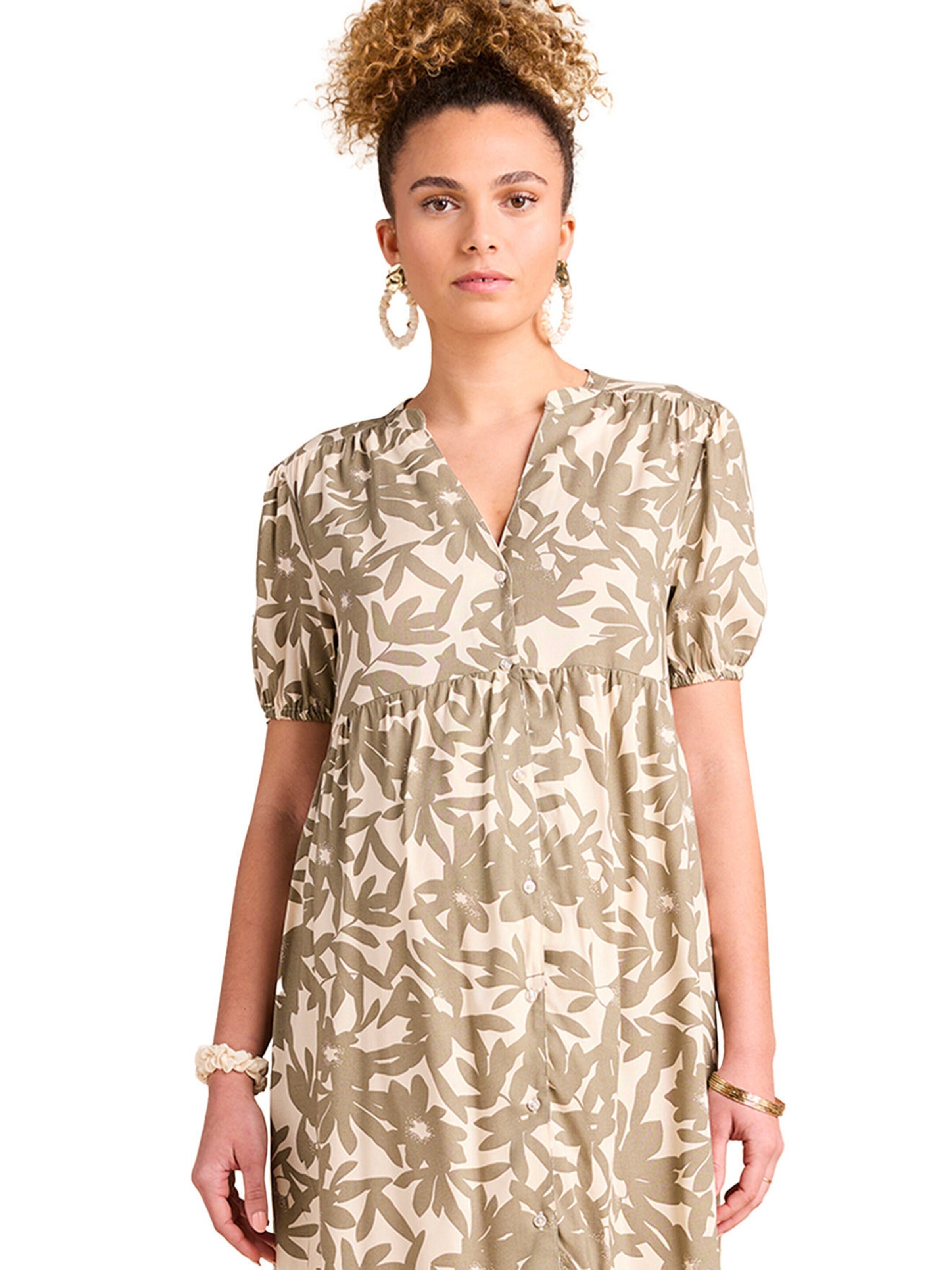 Envie de Fraise Kurzes Kleid für Schwangerschaft und Stillzeit mit Blätterprint khaki