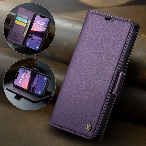 iPhone 16e Leder Tasche Flip Wallet Etui mit Kartenfächern Litchi Look (RFID Schutz) - Lila