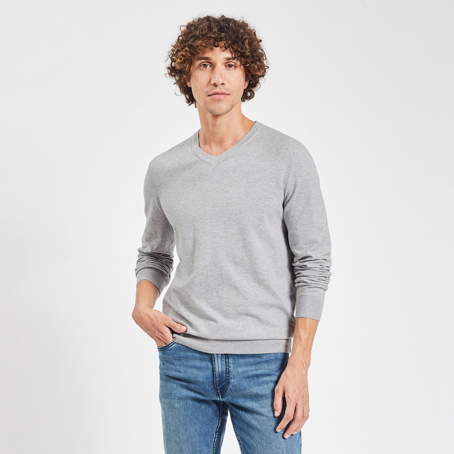 Pull essentiel à col v Gris moyen