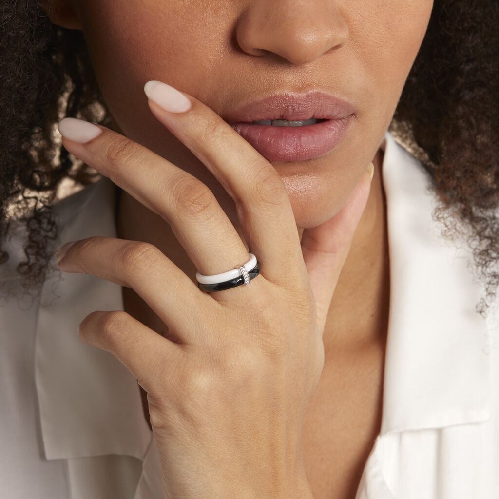 Bague Barette Bicolore Ceramique Argent Blanc Oxyde De Zirconium