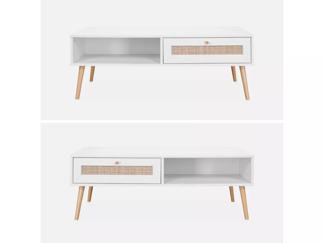 Table basse en cannage 110x59x39cm - Bohème - Blanc. 1 tiroir. 1 espace de rangement. pieds scandinaves