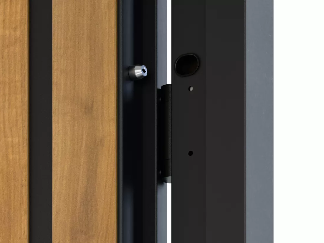 Porte d'entrée pleine en acier H207 x L100 cm - Noir avec rayures effet chêne - poussant droit - COBRITA