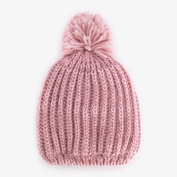Gebreide meisjes muts met pompon roze
