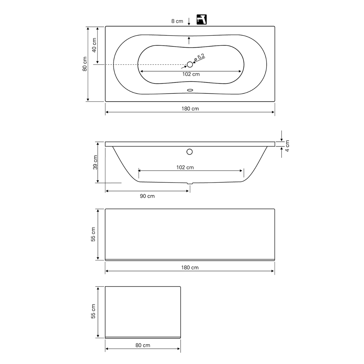 Aqualine Jizera ligbad 180x80cm wit