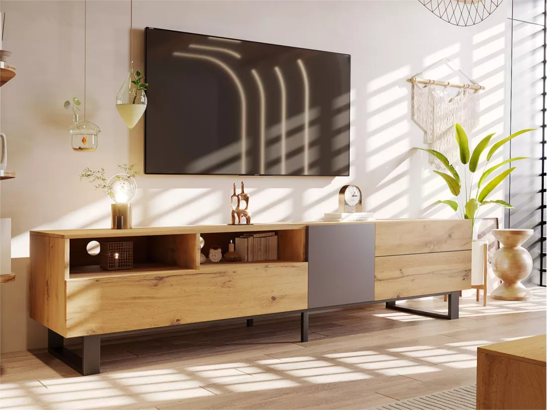 Meuble TV 180cm - 2 tiroirs & 5 compartiments - style industriel - Naturel