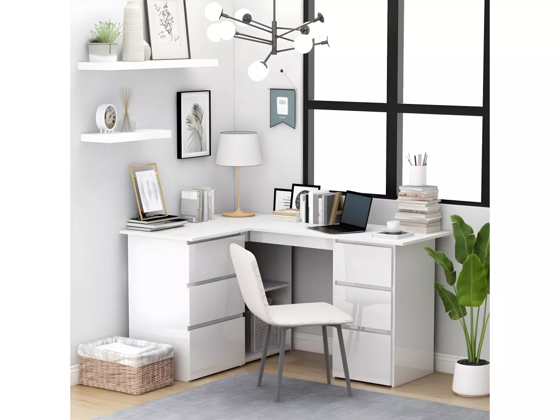 Bureau d'angle Blanc brillant 145x100x76 cm Aggloméré
