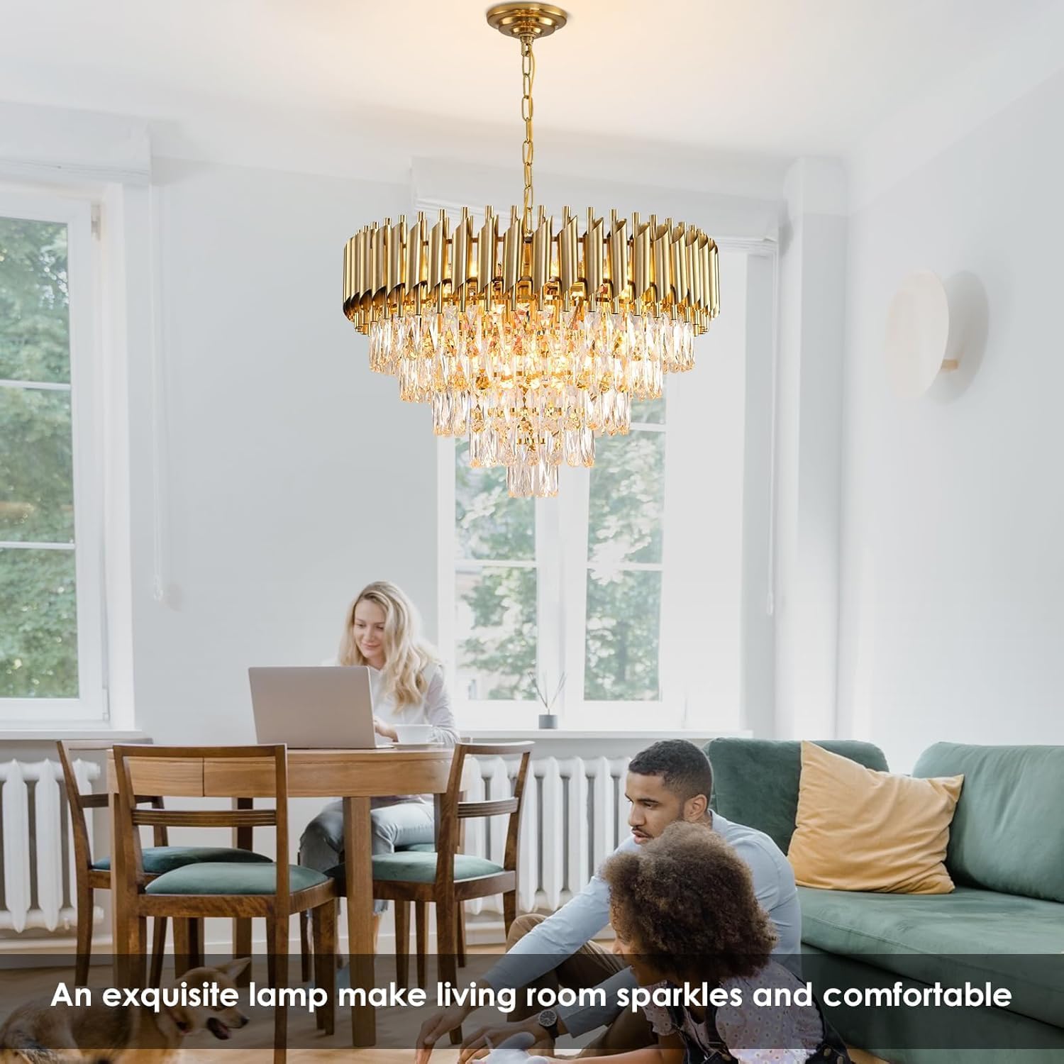 Gold Kristall Kronleuchter Moderne Runde Kronleuchter für Esszimmer 5-Stufen Decken Hängeleuchten Große Decken Kronleuchter für Foyer Wohnzimmer Schlafzimmer Foyer Eingang W60CM 12-Leuchten
