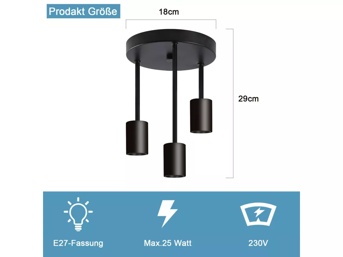 NETTLIFE Plafonnier 3 Spots E27 vintage noir suspendu avec lustre industriel pour salle à manger cuisine couloir salon bar sans ampoule