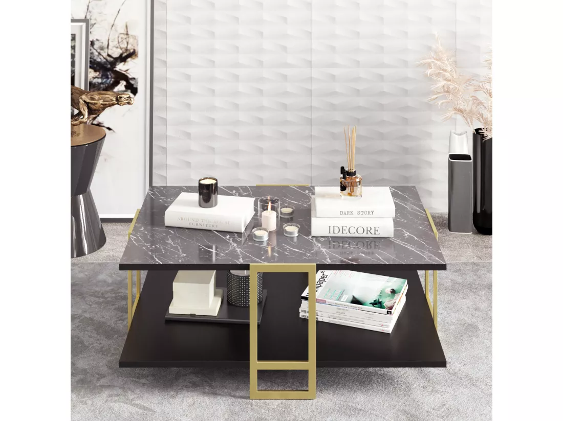 Table basse Polka avec cadre métalique doré (Effet marbre noir et Doré)