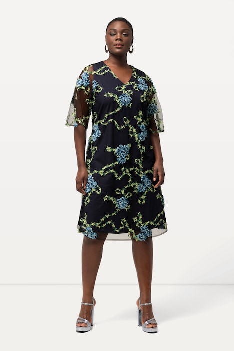 Kleid, Blütenstickerei, A-Linie, V-Ausschnitt, Halbarm