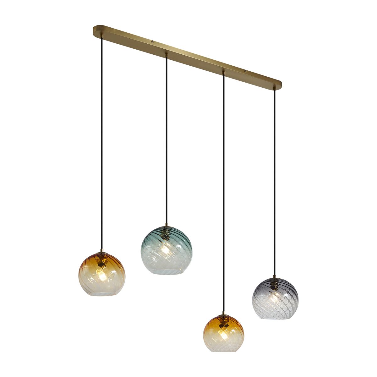 Hanglamp brons met smoke amber en groen glas langwerpig 4-lichts - Bao