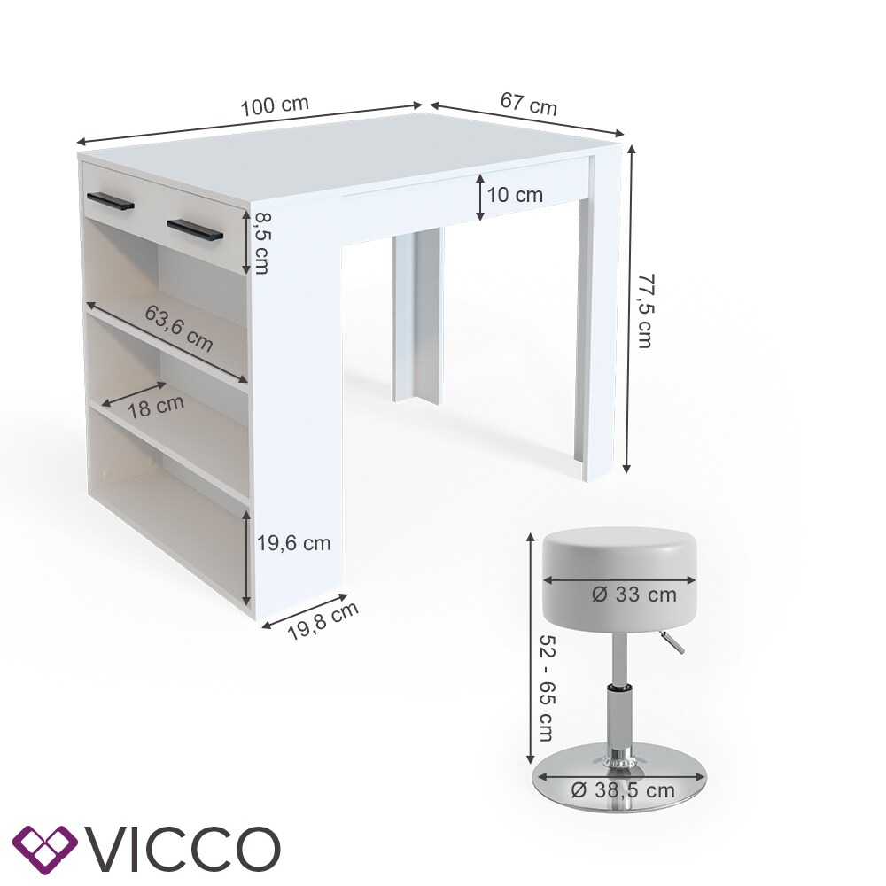 Vicco Bartisch Esstisch Tisch Bistrotisch Essplatz Schublade Regal Bar Weiß inkl. Barhocker