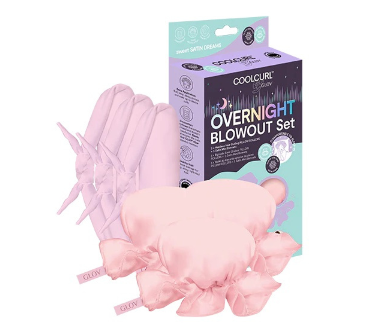 GLOV - Conjunto de cabelo Rolos de ondulação sem calor + Mini toucas de cetim Overnight Blowout Set