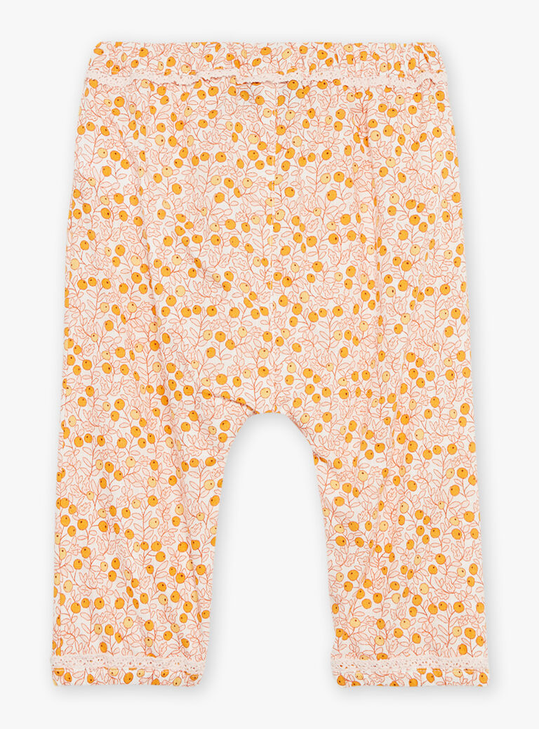 Pantalon écru et orange en popeline à imprimé feuilles et fruits