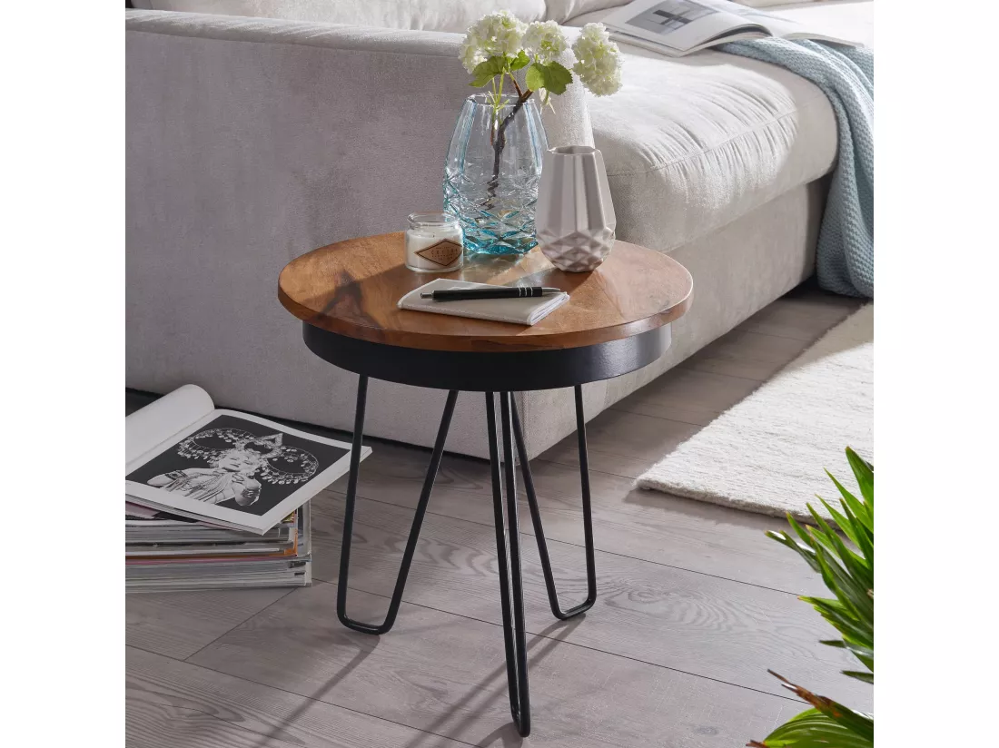 Table d'appoint 43 x 45 x 43 cm en bois de Sheesham Pieds métalliques