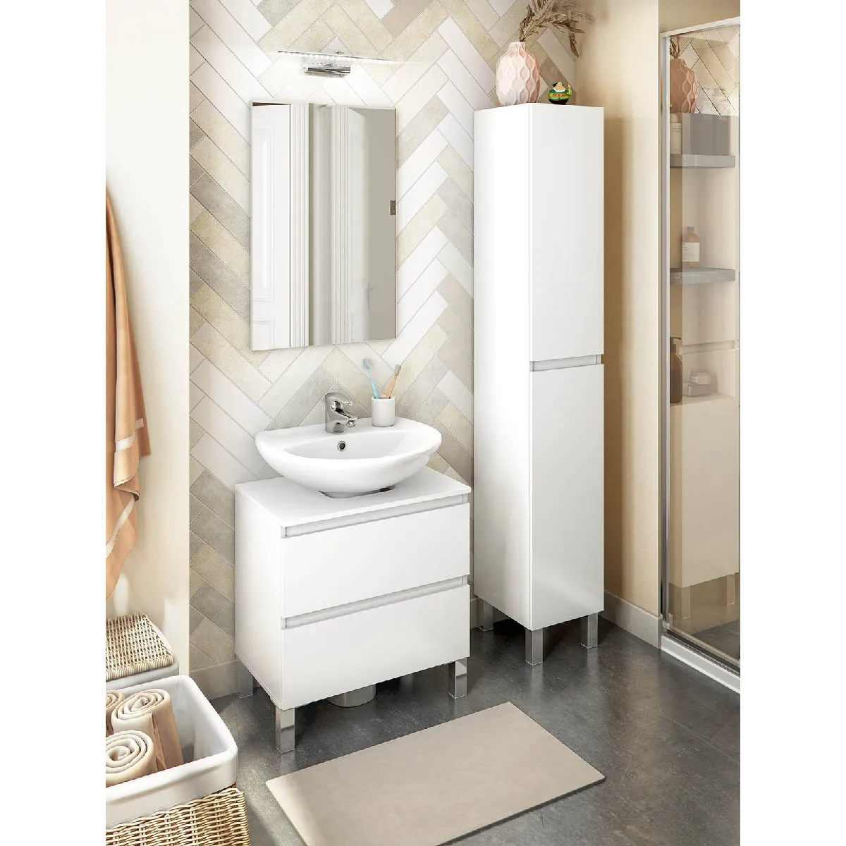 Pegane Colonne salle de bain - Blanc - 2 portes sans poignée