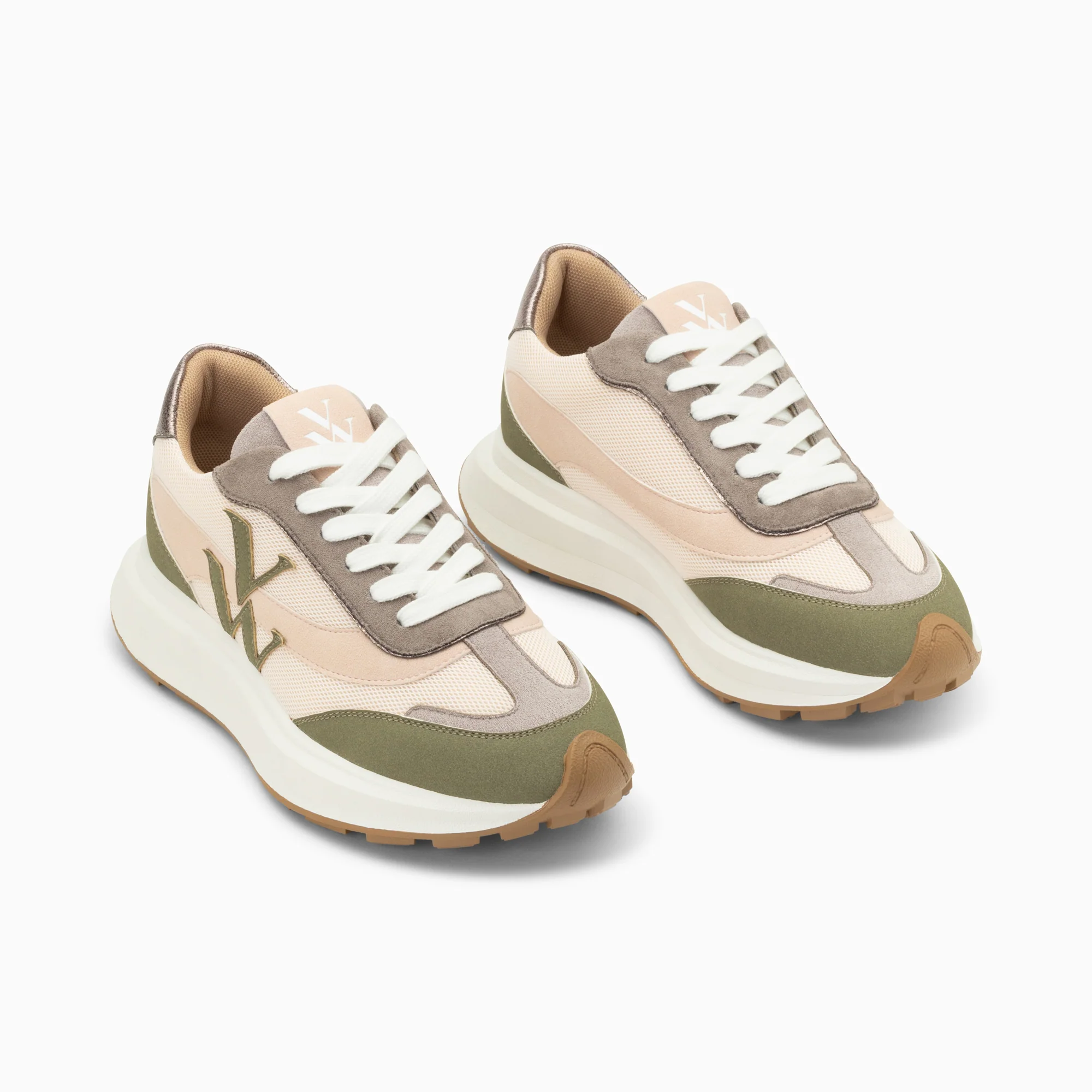 Sneakers-Baskets monogramme Lana kaki et rose à semelle oversize