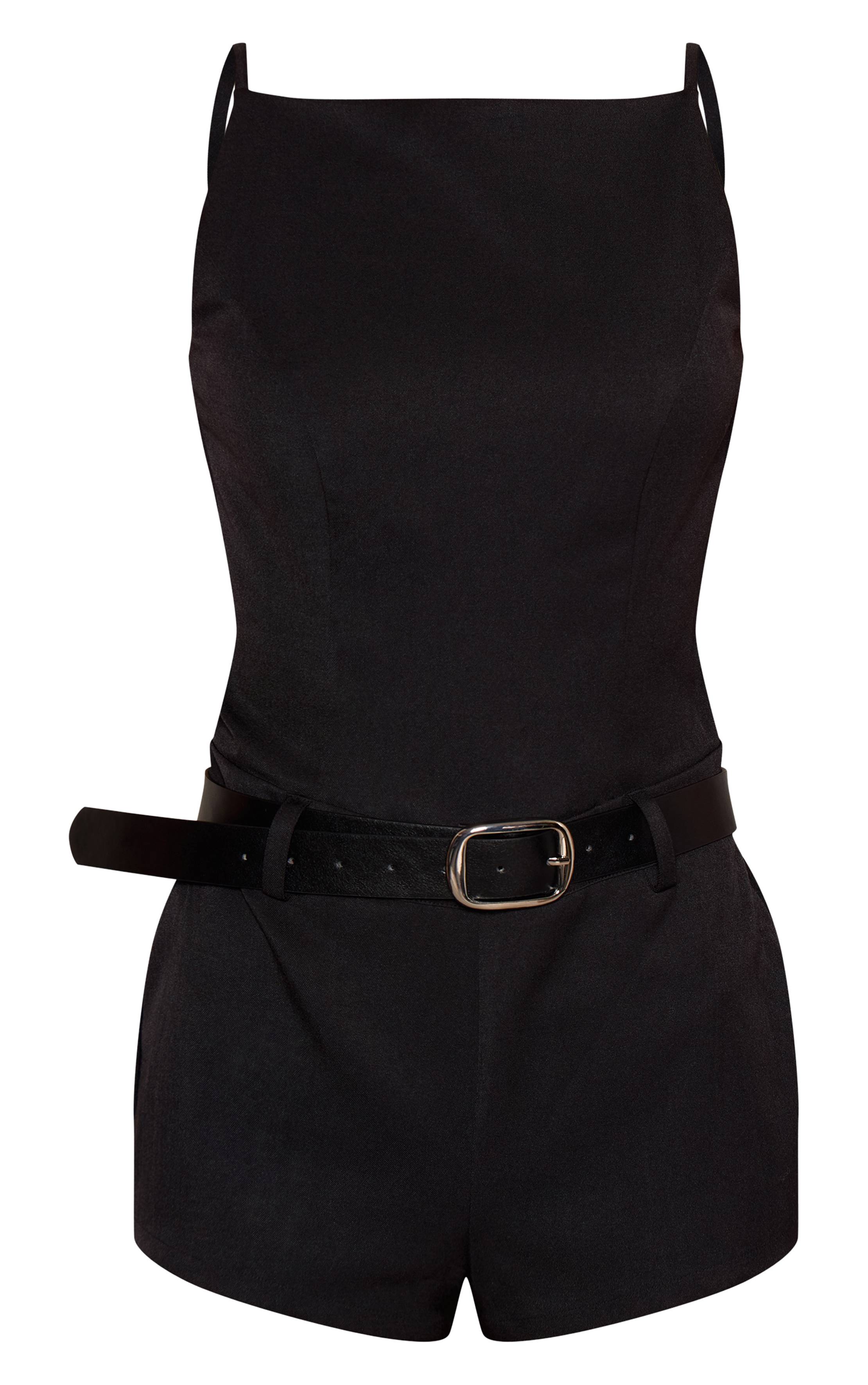 Noir Combinaison Short Tissée À Ceinture Avec Détails De Bretelles