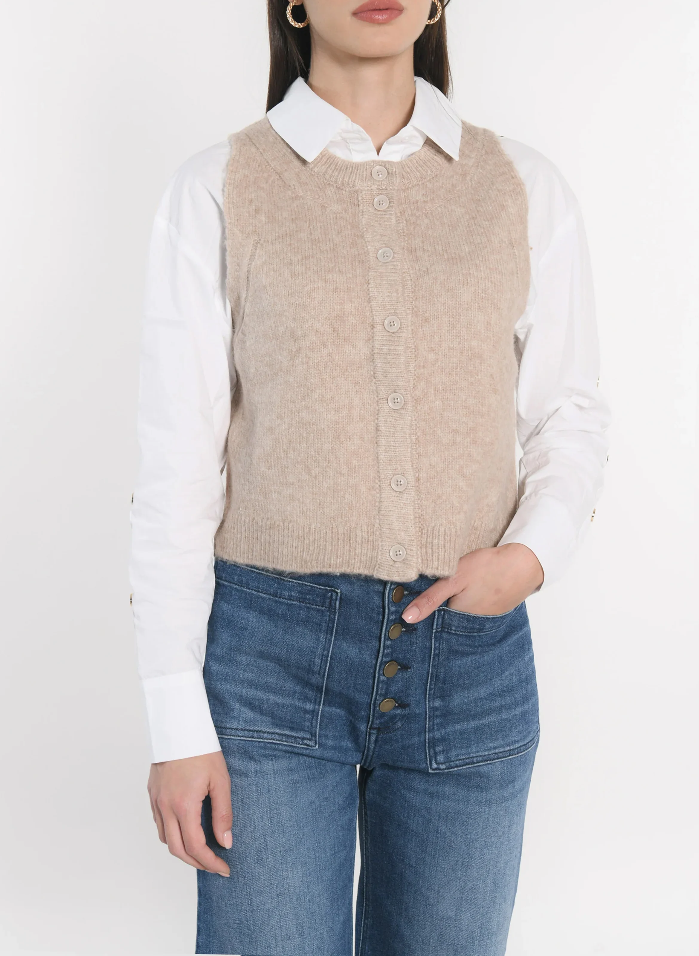 JOANA - Gilet sans manches boutonné | Beige