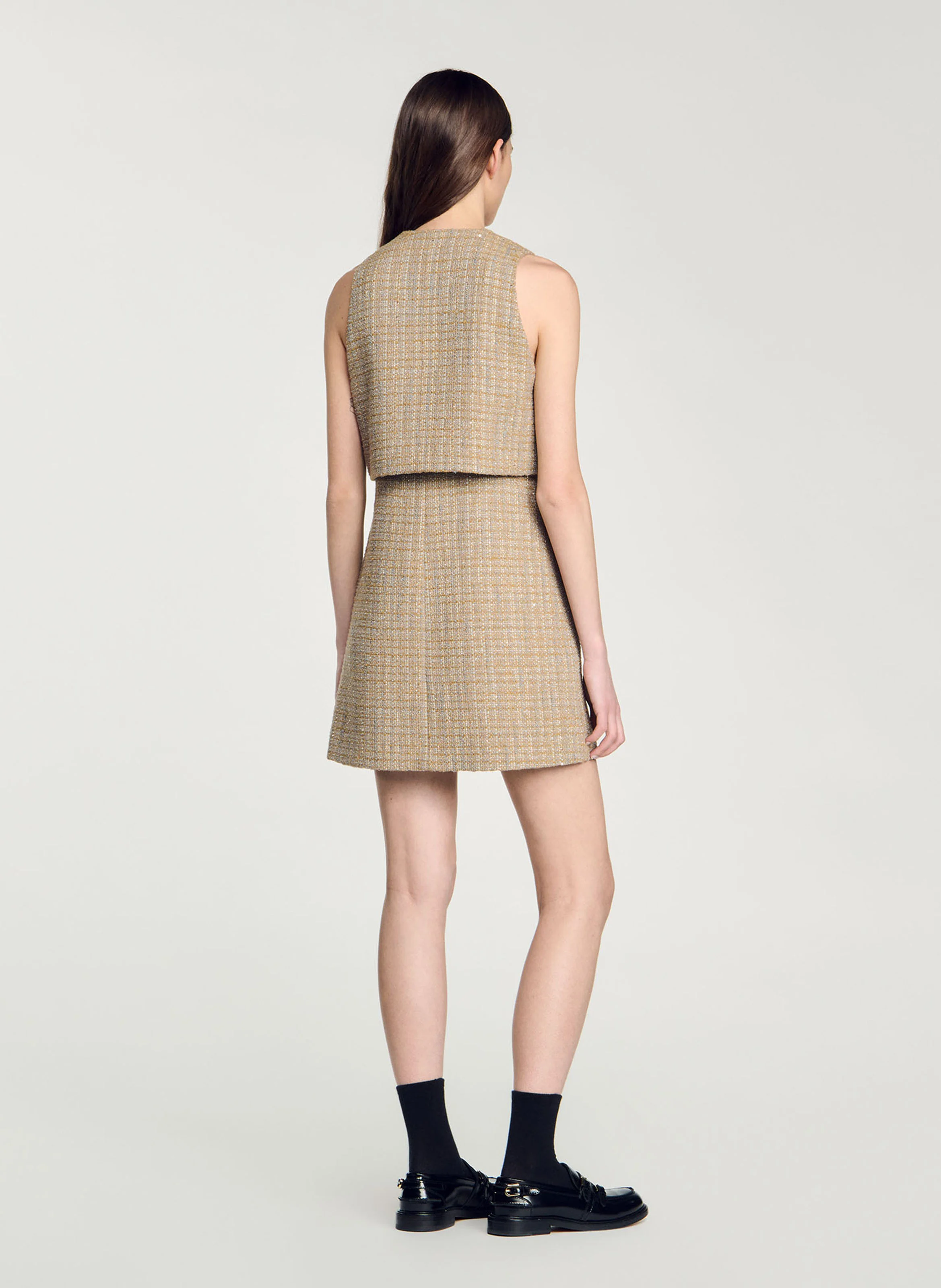Robe évasée col rond en tweed | Marron