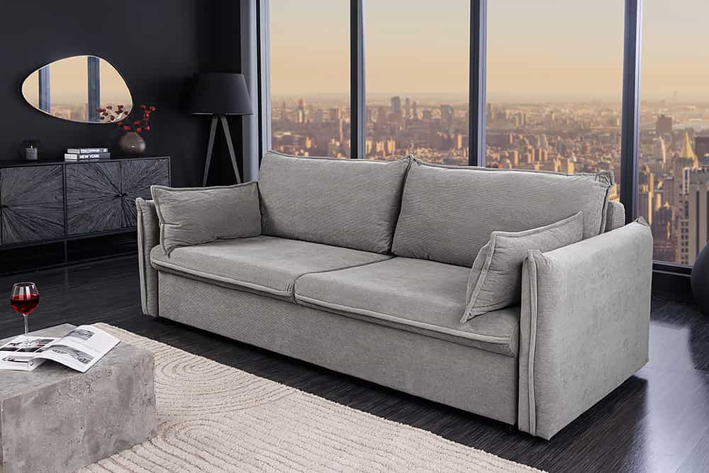 Design Schlafsofa APARTMENT 215cm grau Cord 3-Sitzer Couch inkl. Bettkasten Kissen