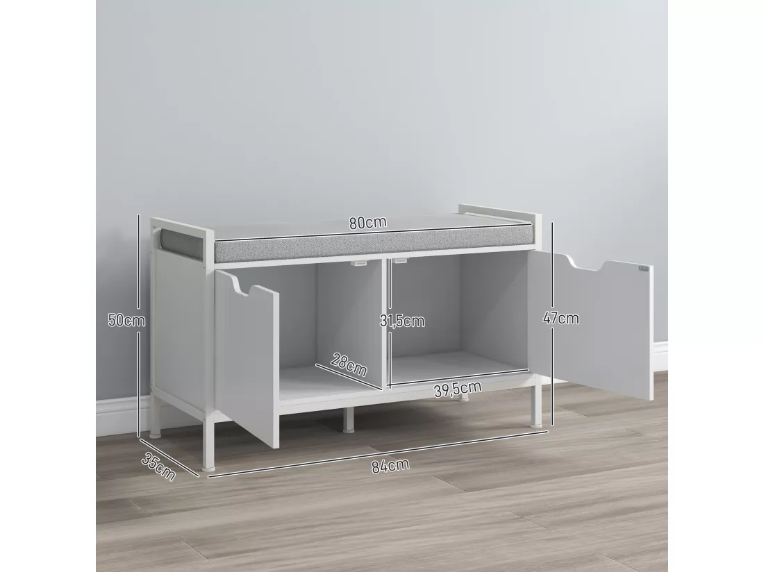 Banc à chaussures meuble à chaussures, 2 placards, meuble d'entrée avec coussin rembourrée, pour couloir, entrée, chambre, 84l x 35P x 50H cm, blanc